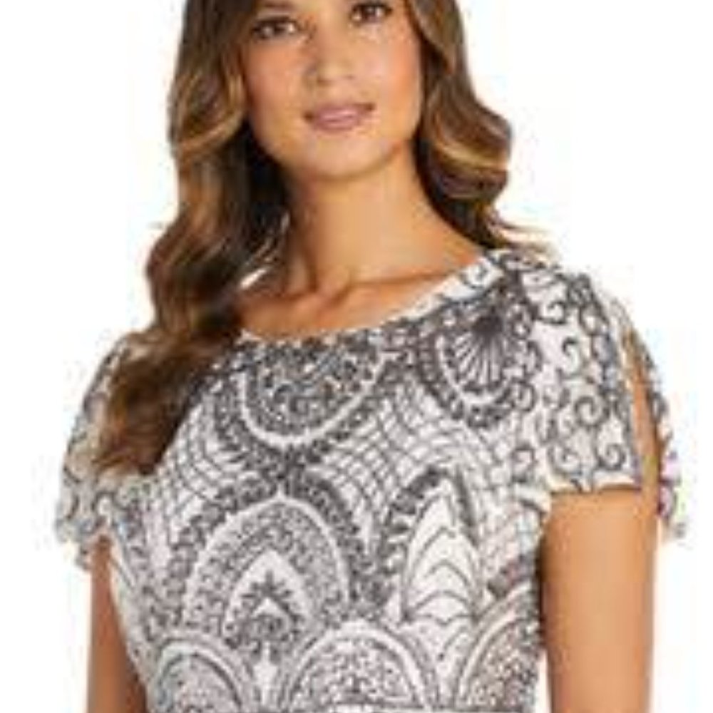 R&M Richards 20s silver ivory beaded mesh sequin cocktail dress size 20W